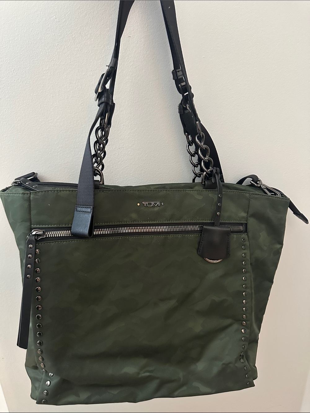 Tumi Olive Green Nylon Tote with Black Leather & Chain Straps